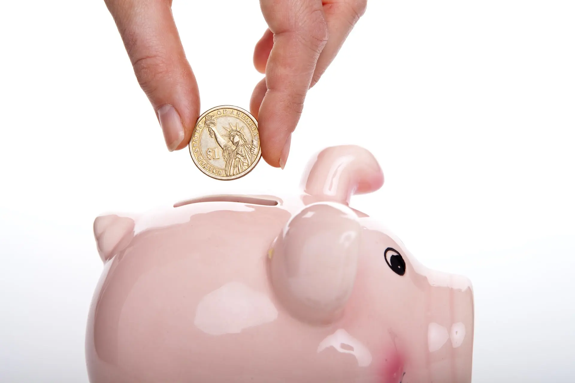 Piggie bank with a person putting a coin in it